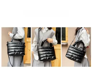Three-way view of black quilted down handbag showing crossbody and shoulder carrying styles