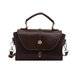 Vintage dark brown faux leather handbag with gold hardware and top handle for women