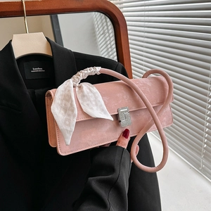 Women Fashion Silk Scarf Shoulder Bag PU Leather Rhinestone Buckle Underarm Bag Small Square Bag Crossbody Purse