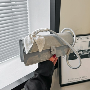 Chic grey underarm bag with silk scarf handle and crystal buckle for modern women
