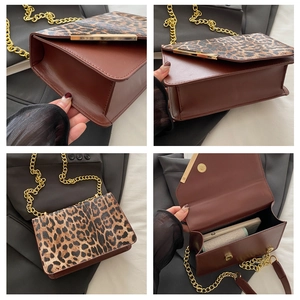 Detail views of leopard print crossbody bag with gold chain and magnetic closure