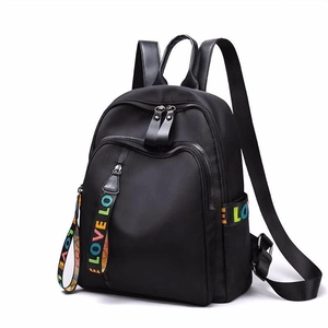 Fashionable black nylon backpack with colorful LOVE letter straps and large capacity