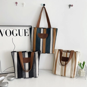 Minimalist striped canvas tote bags in three colors with leather patch and wide straps