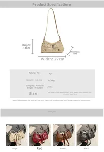Detailed size chart and specifications for PU leather underarm bags in multiple colors