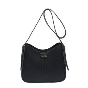 Classic black bucket bag with gold lettering and adjustable strap for women