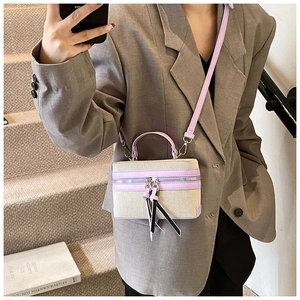 Détail du sac boîte en toile avec bordure en cuir violet et zips à longs glands