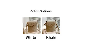 Mini floral embroidered bucket bags shown in white and khaki with woven texture details
