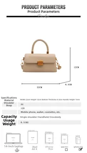 Detailed view of beige PU handbag with dimensions 22cm x 12cm and metallic clasp buckle