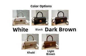Grid view showcasing five colors of top-handle bags with metallic buckle and curved handles
