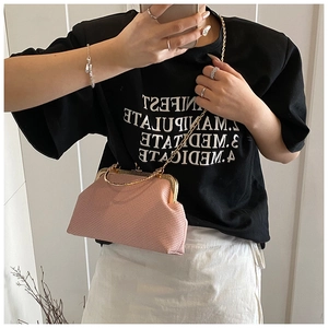 Pink frame bag with golden chain strap shown in a trendy casual mirror selfie look