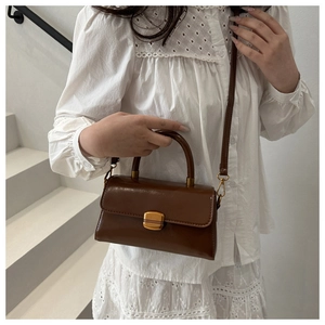 Detailed shot of retro brown leather crossbody bag with bronze square metal clasp