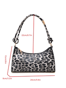 Detailed size guide for leopard print shoulder bag with exact measurements in cm and inches