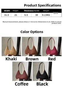 Tableau des tailles et cinq options de couleurs pour le sac hobo demi-lune en daim