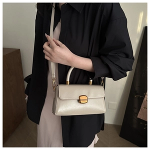 Chic beige textured faux leather crossbody bag with a gold rectangular twist lock clasp