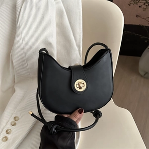 Women Elegant Half Moon Underarm Bag Trendy PU Leather Shoulder Bag With Metal Lock Knotted Strap Fashion Daily Crescent Handbag