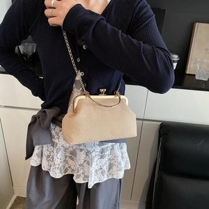 Retro woven straw clutch bag with gold metal frame and chain strap for women