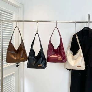 Minimalist Large Capacity PU Leather Tote Bag For Women Vintage Hobo Shoulder Bag Solid Color Handbag For Students Work