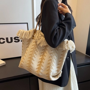 Bohemian Large Capacity Knitted Tote Bag For Women Vintage Tassel Decor Geometric Pattern Woven Shoulder Bag Work School