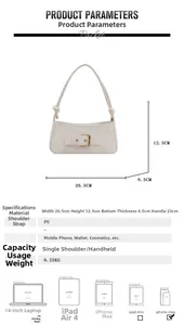 Tabella taglie per borsa a spalla in PU bianca con dimensioni 26,5x12,5x6,5cm e scala