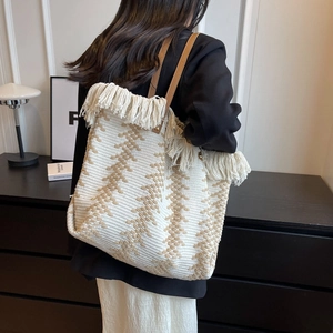 Bohemian large capacity woven tote bag with fringe tassels and brown geometric patterns