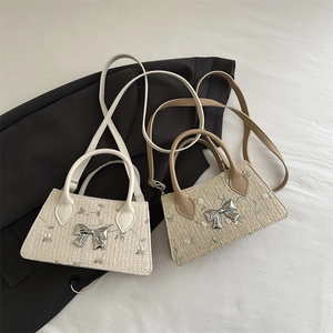 Women Woven Straw Shoulder Bag Floral Embroidery Silver Metal Bow Sweet Fashion Casual Tote Handbag Square Crossbody Bag