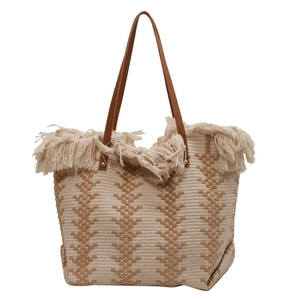 Large capacity woven tote bag with fringe trim and brown geometric patterns for women