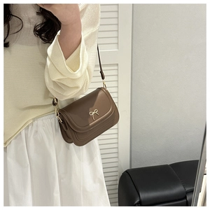 Brown flap shoulder bag featuring a decorative gold bow buckle shown in a mirror selfie
