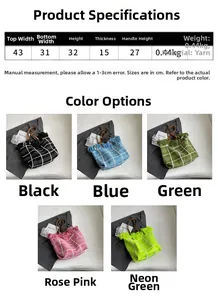 Detailed size chart and five color variants of check knit tote bag with tassel accents