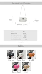 Detailed size chart and multi-color options for the PU leather bow shoulder bag