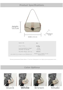 Detailed size chart for minimalist PU leather crossbody bag showing dimensions and colors