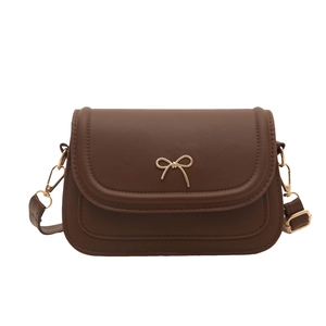 Classic dark brown leather underarm bag with elegant gold bow buckle for women