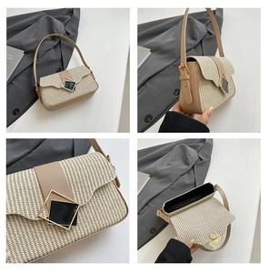 Detail of straw woven crossbody bag with brown leather trim and diamond metal buckle
