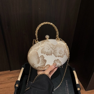 Vintage Women Floral Embroidered Evening Bag Oval PU Clutch With Metal Handle Rhinestone Ball Lock Shoulder Crossbody Bag