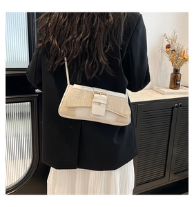 Detail of crocodile pattern texture and golden hardware buckle on baguette shoulder bag