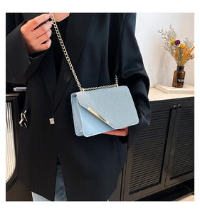 Close-up of light blue crossbody bag with gold chain strap and textured woven flap