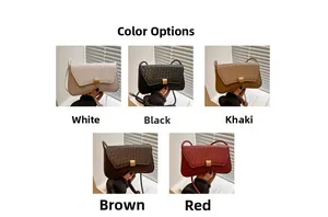 Close-up of woven texture small square bags in white, black, khaki, brown, and red colors