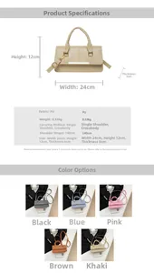 Detailed view of 24x12cm PU leather handbag dimensions and color selection overview
