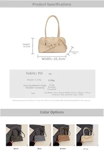 Detailed view of woven texture PU handbag with zip closure and dimensions chart