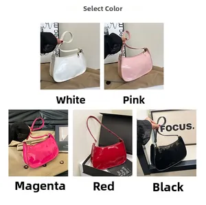 Selection of glossy patent leather underarm bags in white, pink, rose red, red, and black
