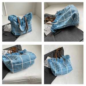 Detail shots of a blue checkered woven tote bag with fringe trim and leather handles