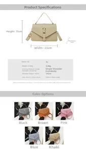 Detailed size and material guide for small square crossbody bag showing dimensions and colors