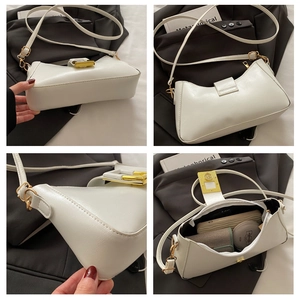 Vues détaillées du sac en cuir PU blanc brillant avec ferrures dorées et espace intérieur