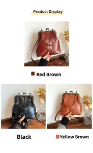 Detailed view of vintage clasp handbags in red-brown, black and tan faux leather textures