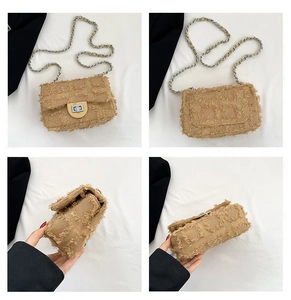 Détails du sac bandoulière en tweed avec fermoir métallique et quatre vues de perspectives