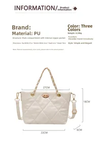 Detailed size specifications of white quilted tote bag with golden chain and twist lock