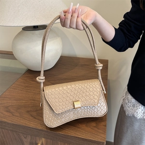 Vintage Woven Texture PU Leather Shoulder Bag For Women Gold Metal Buckle Knot Strap Small Square Underarm Bag Casual Trendy Purse