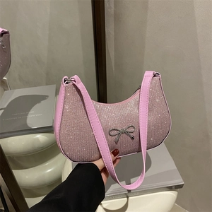Fashion Glitter Underarm Bag For Women Elegant Bow Decoration Shoulder Bag Shiny PU Leather Hobo Handbag For Party Daily Matching