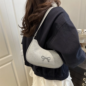 Silver sequin hobo bag with metal bow detail, stylish shoulder underarm handbag for women
