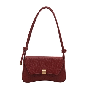 Retro burgundy woven leather underarm bag with gold metal buckle and knotted strap