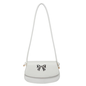 Minimalist white PU leather flap shoulder bag with silver metal bow detail and long strap